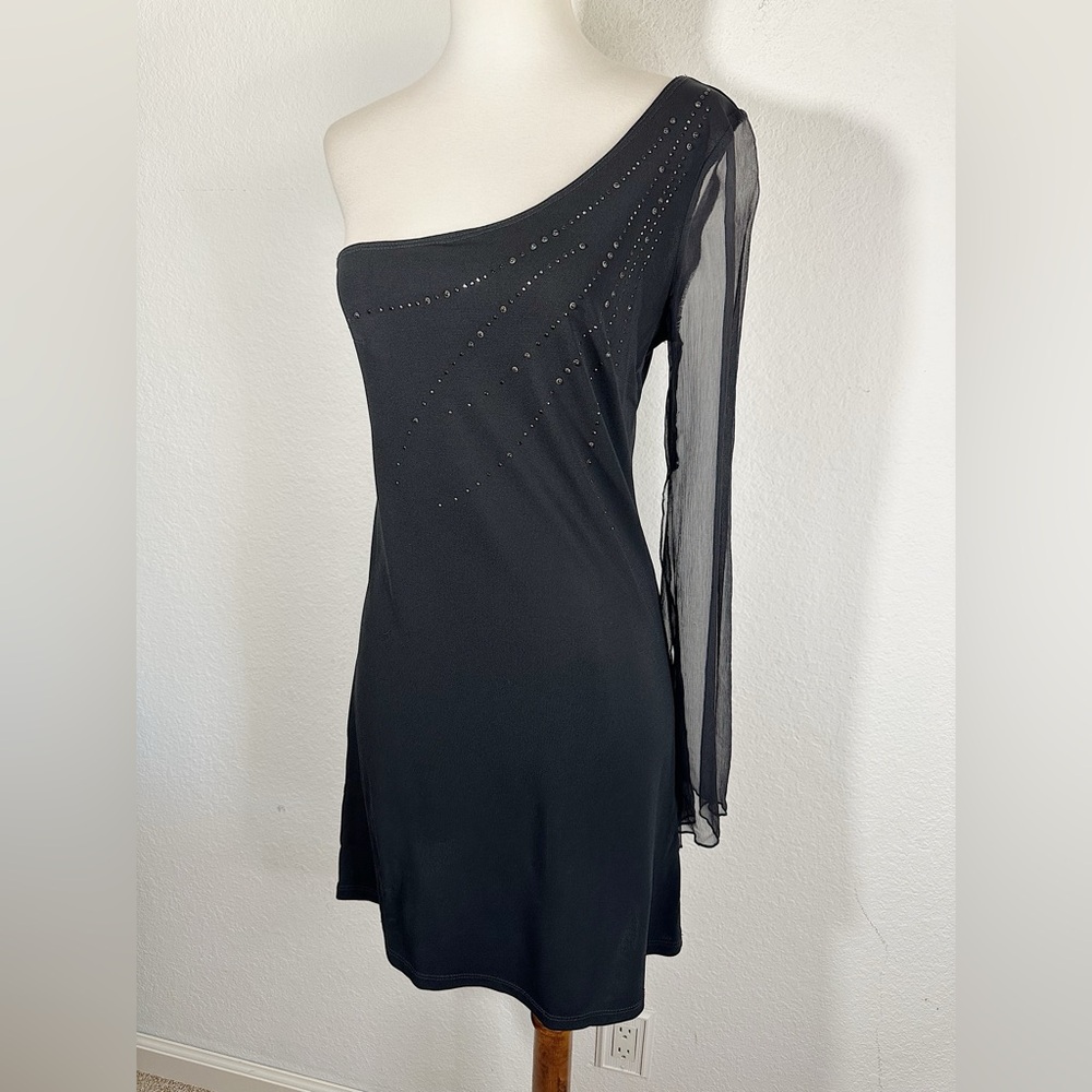 Bebe Black One Sheer Flare Shoulder Shift Mini Dress Size Small Y2K